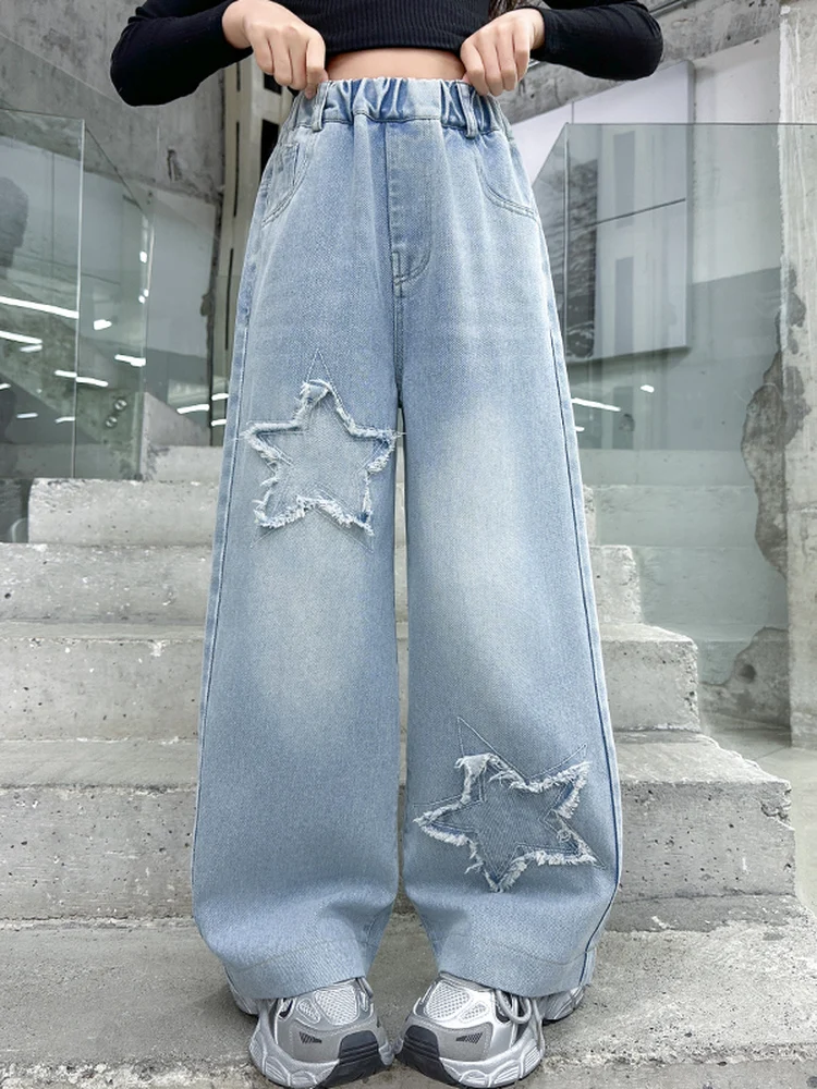 

Spring Faion Girls Jeans Loose Casual Pants Wide Leg Long Trousers Korean Sle Elementary School Girls Casual Pants