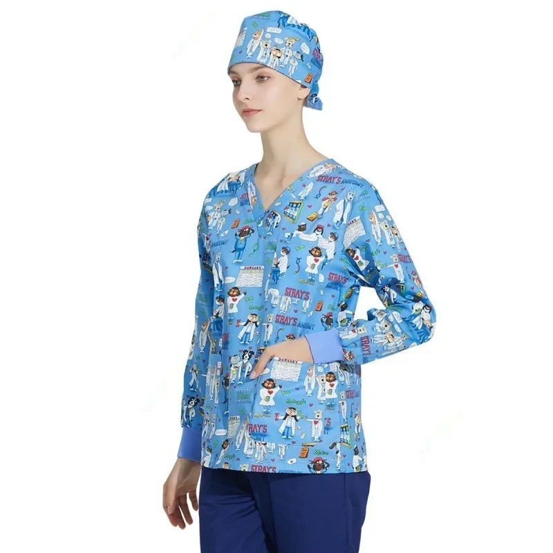 Uniforme clínico de alta calidad para mujer, Tops exfoliantes con estampado, ropa de trabajo para salón de belleza, disfraz quirúrgico para mujer, traje médico