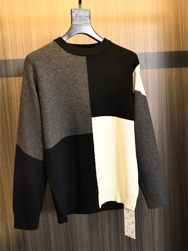 

Fashionable Urban Knitted Sweater Men's round Neck Mixed Wool Blend Warm Color Block Knitwear Winter Long Sleeve Youth Style