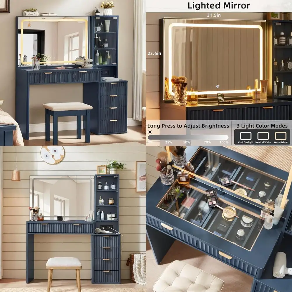 illuminated blue makeup desk with glass top and power outlet, 43.5
