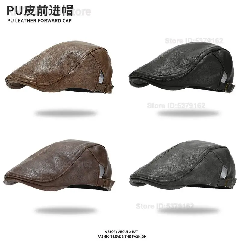 American Vintage Pu Forward Cap Unisex Autumn Winter Fashion Painter Hat Versatile Beret Literary Peaked Hat for Daily