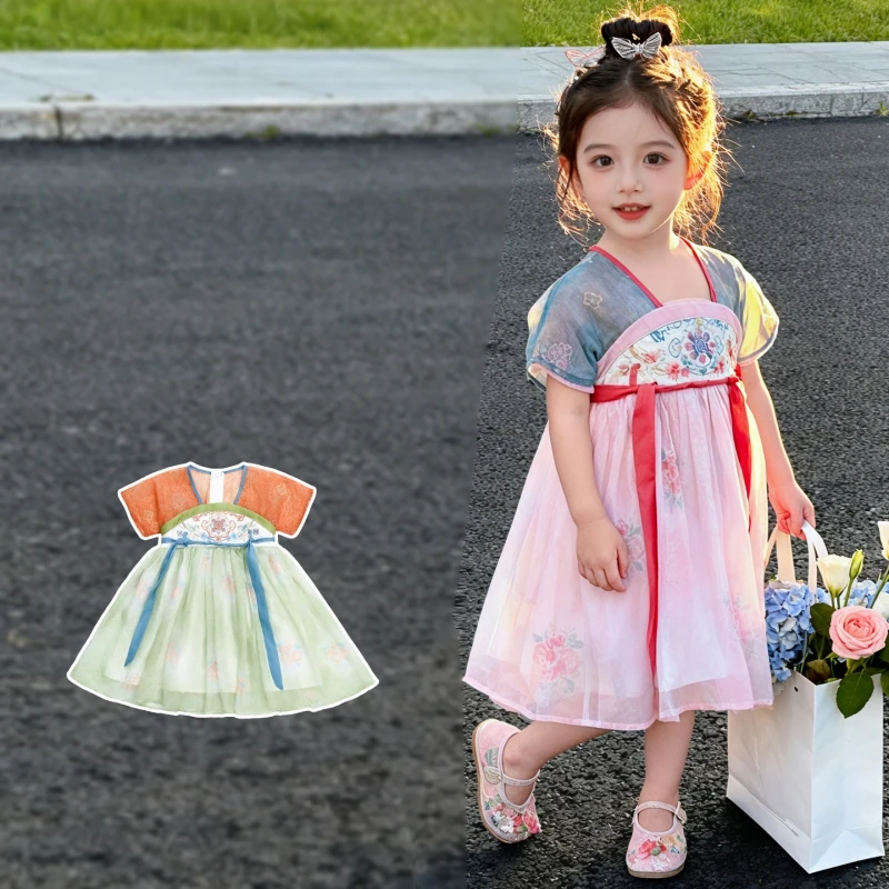 Vestido de Hanfu de 2 Piezas con Ilusión de Capas y Estilo Chino para Niña Pequeña, Manga Corta, Chifón Floral, para Fotos de Vacaciones, 90-140cm, 2 Colores