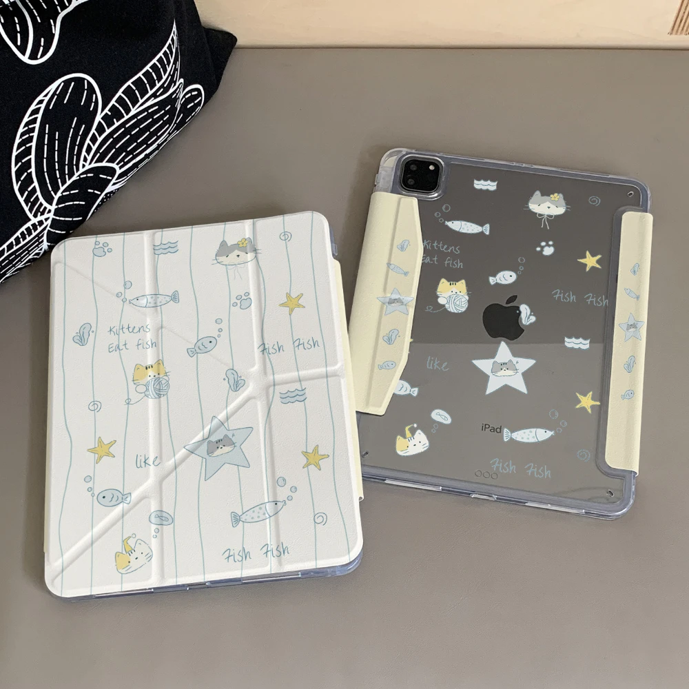 Ins Cute Cat & Fish Tablet Case For iPad Pro 11 12.9 13 M2 M4 M3 M5 Shell 8.3 9.7 10.2 5/6/7/8/9/10/11th Air 1 2 3 4 5 6 7 Cover