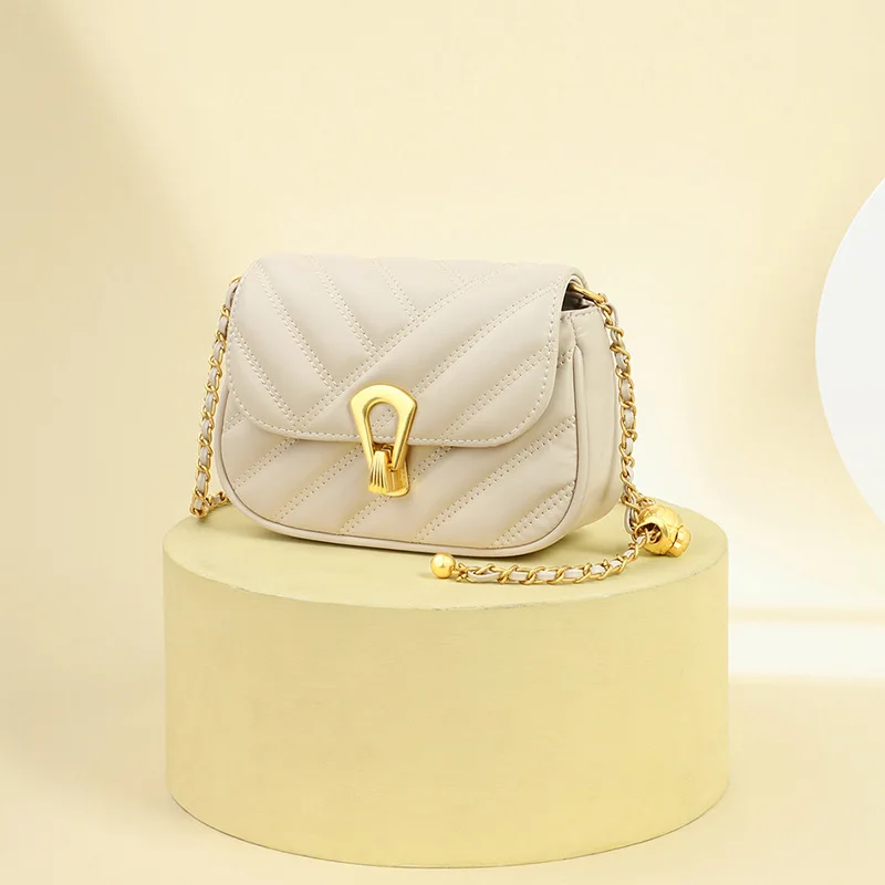 Women's Crossbody Mini Bag - Versatile Chain Strap Checkered Soft Genuine Leather Underarm Commuter Tote