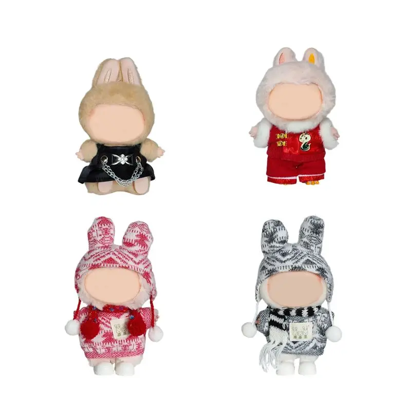 

For Labubu Bunny Outfit 17cm - Adorable Pink Dress with Red Overalls & Ears, Cute Plush Doll Clothes for Sweet Style Dressing