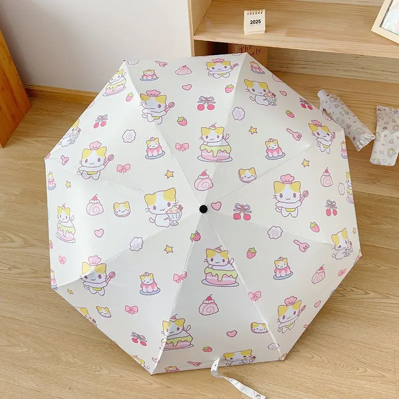 Cotton Candy Cat Regenschirm, UV-Schutz, Sonnenschirm, zusammenklappbar, dreifach gefaltet, automatischer Regenschirm mit acht Rippen für Regen und Sonne
