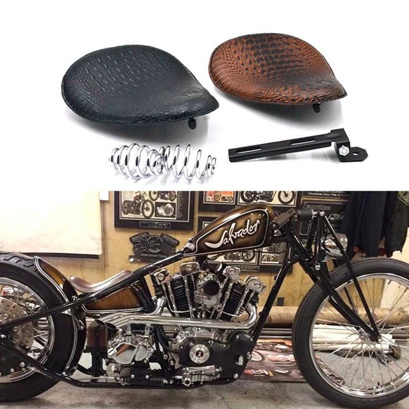 Motorcycle Retro Brown/Black Crocodile Leather Solo Seat+3