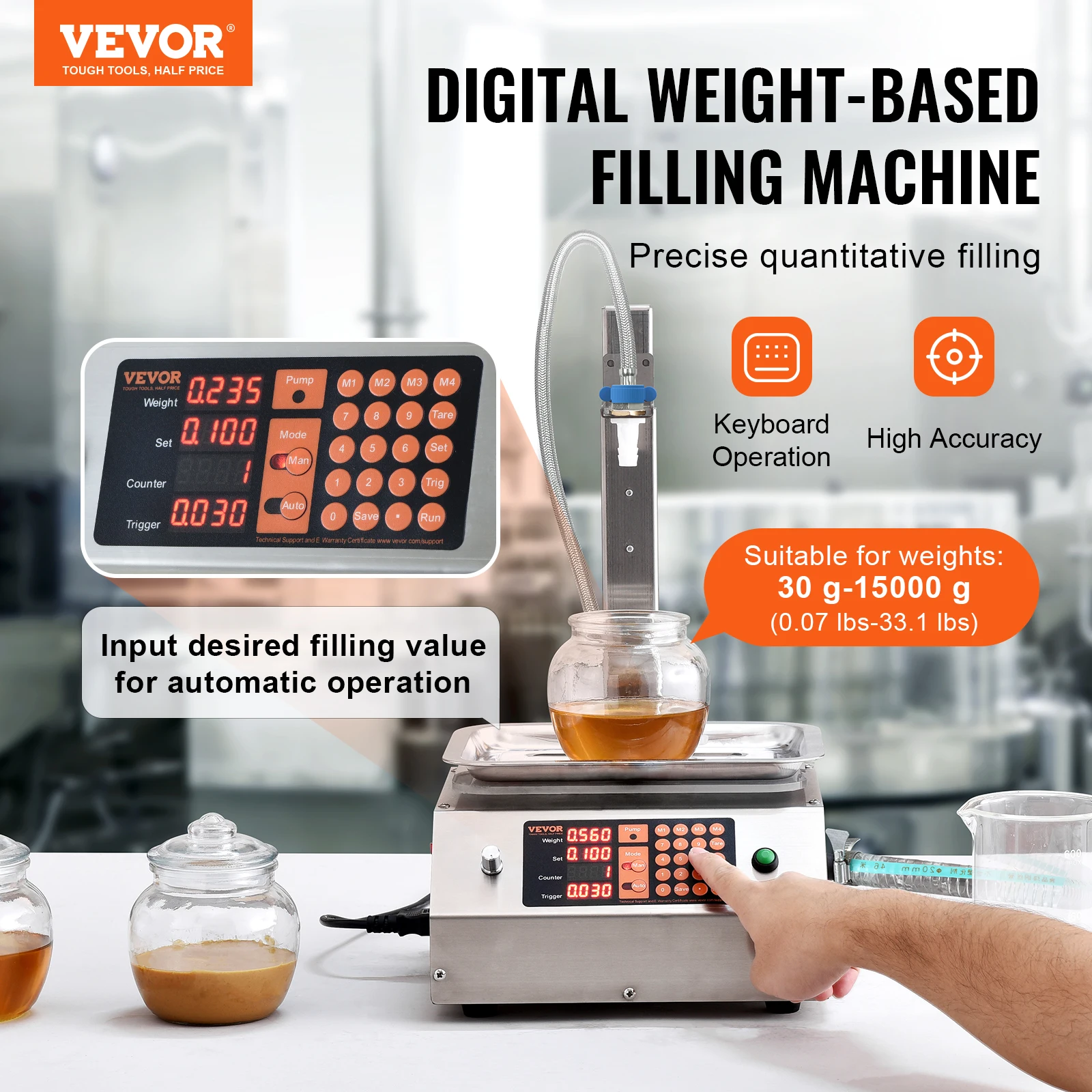 VEVOR 30-15000g Liquid Filling Machine Automatic Bottle Water Filler with Diaphragm Pump Digital Control for Oil Wine Beverage