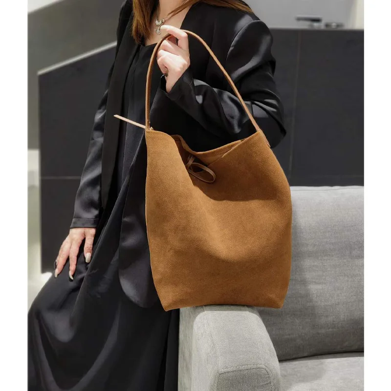 Donna-in Suede Tote Bag Genuine Cow Leather Casual Shoulder Bucket Bags for Women Middle Size 27cm Coffee