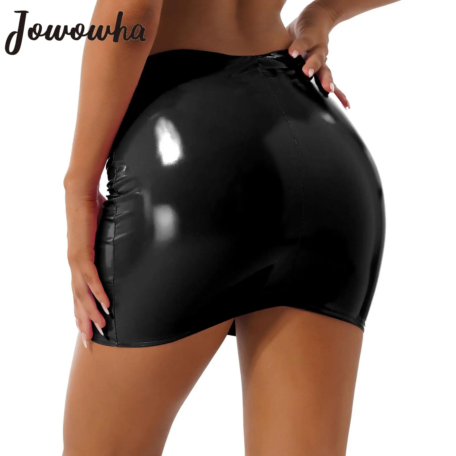 Women Sexy Skirts Glossy Patent Leather Miniskirt Solid Color Elastic Waistband Pencil Skirt Shiny Wet Look Latex Skirt Clubwear