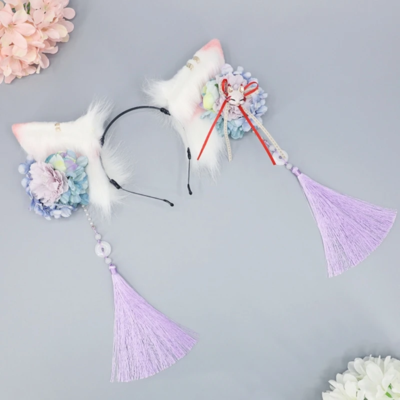 Diadema de orejas peludas para Cosplay, accesorio para el cabello, tocado de zorros con flores, decoraciones para fiesta de disfraces