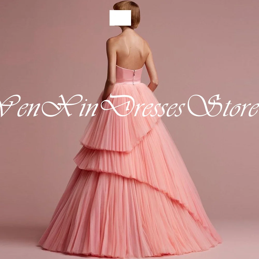 Elegant Luxury Evening Dress 2024 Boat Neck Sleeveless Tiered Zipper Back Chiffon Tulle Pink Floor Length Bespoke Occasion Gowns