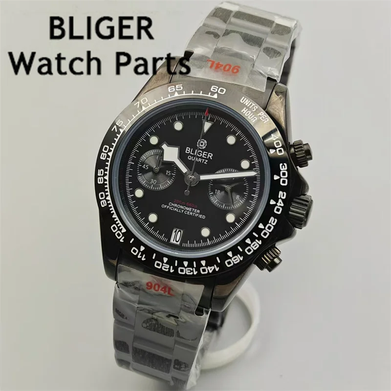 

BLIGER Black Quartz Men's Watch 39mm VK64 Sport Chronograph Watch For Men With Silver Hands 6 O'clock Date Sapphire Wrist Watch