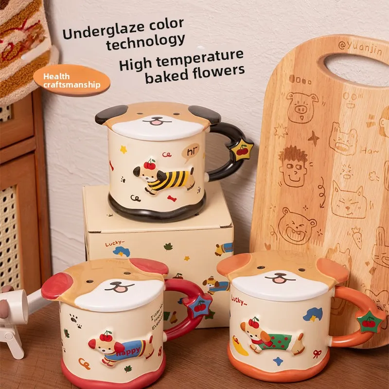 

Puppy Water Cup,New 450ml Souvenir Ceramic Mug with Lid Breakfast Drinkware Halloween Christmas Gift Drinking Utensils