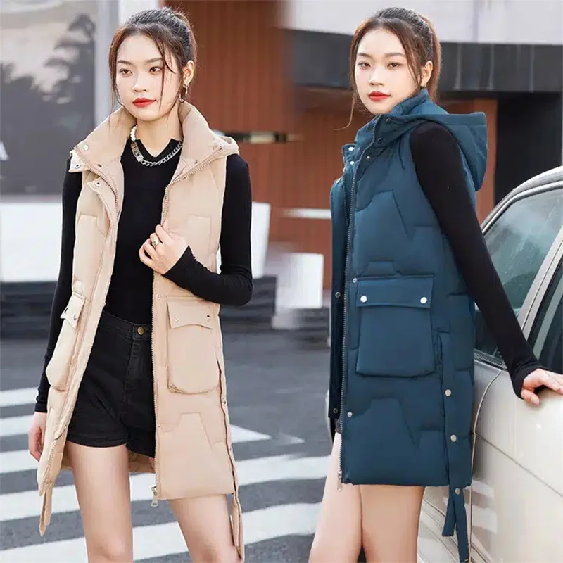 

2022 New Down Cotton Sleeveless Jacket Autumn Winter Women Vest Puffer Coat Casual Hooded Warm Waistcoat Female Vests Outwear