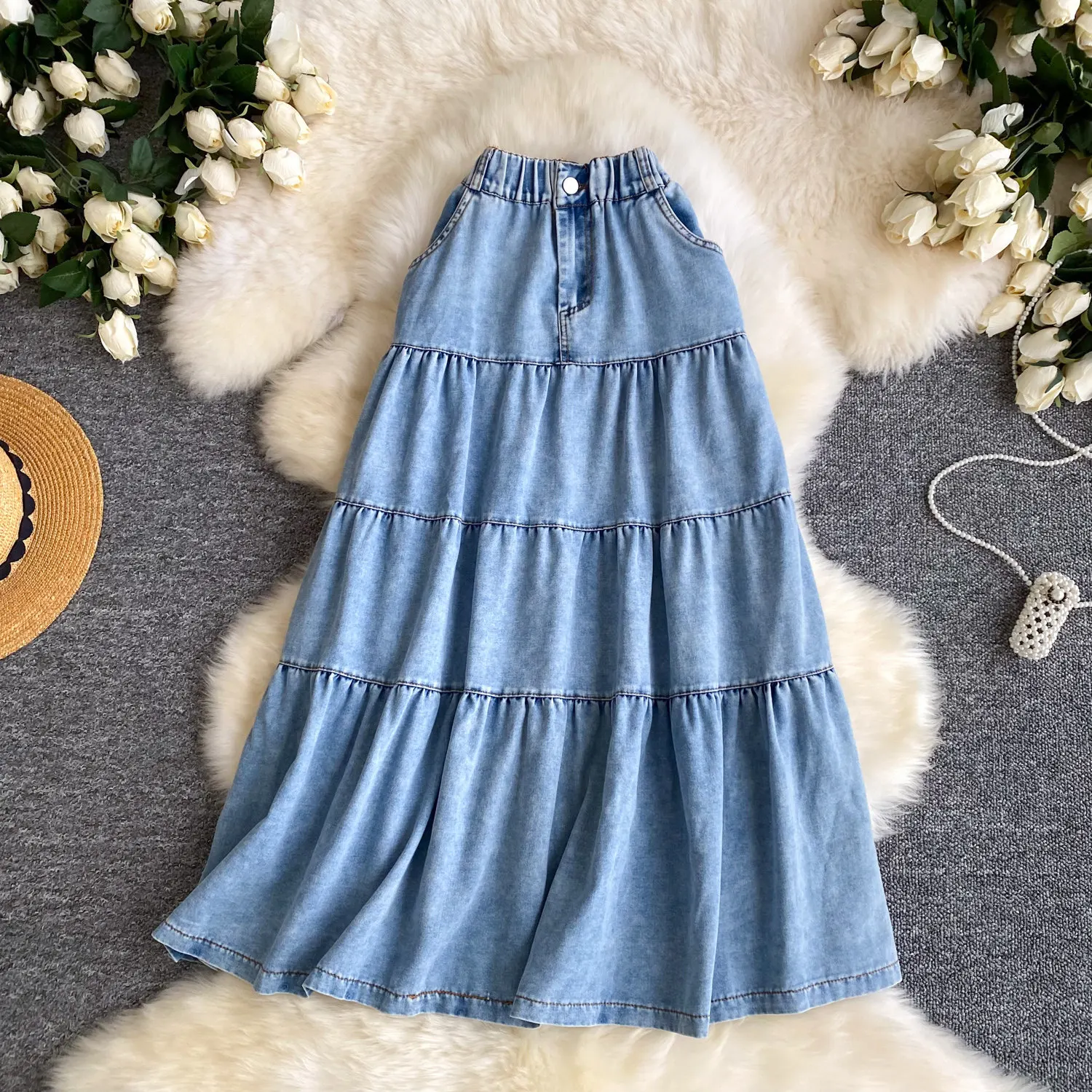 Women Skirts Denim Skirt Solid Pocket Button Empire Elastic Waist Ankle Length Tiered Skirt Loose Fit Casual Office 2026 Summer view 3