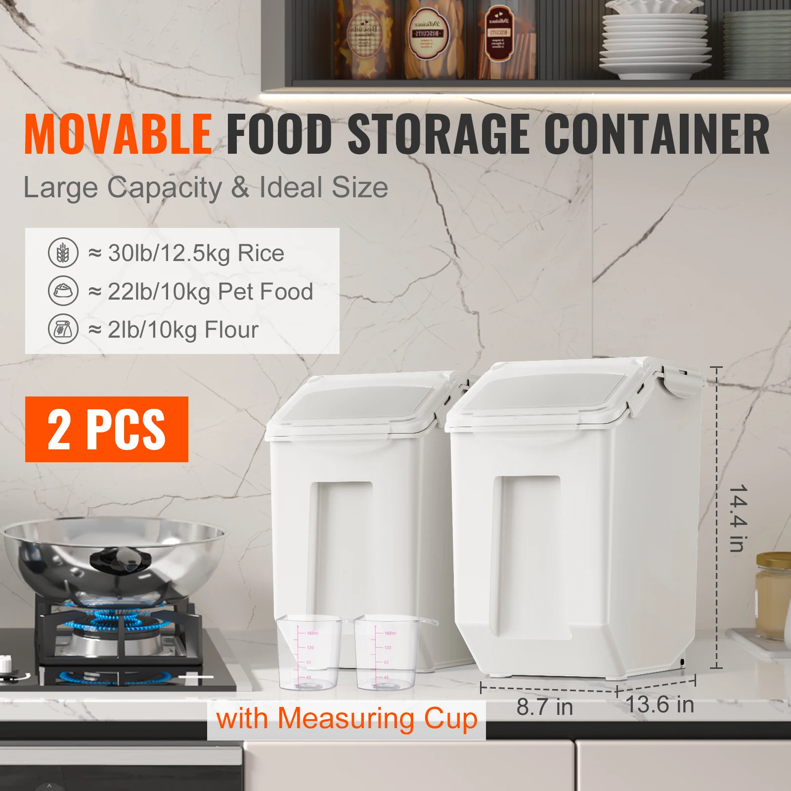 Ingredient Storage Bin, 2 x 15L Dispenser Bin with 2 Measuring Cups, 2 Pcs/Set Dog Pet Food Storage Container, Attachable Casters and Airtight Lid, PP Material Kitchen Rice Cereal Flour Bin