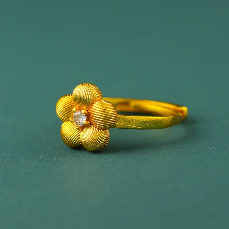 Light Luxury Inlaid Diamond Five Flower Ring Ancient Sand Gold Jewelry Customizable Creative Personality Index Finger Ring 2026