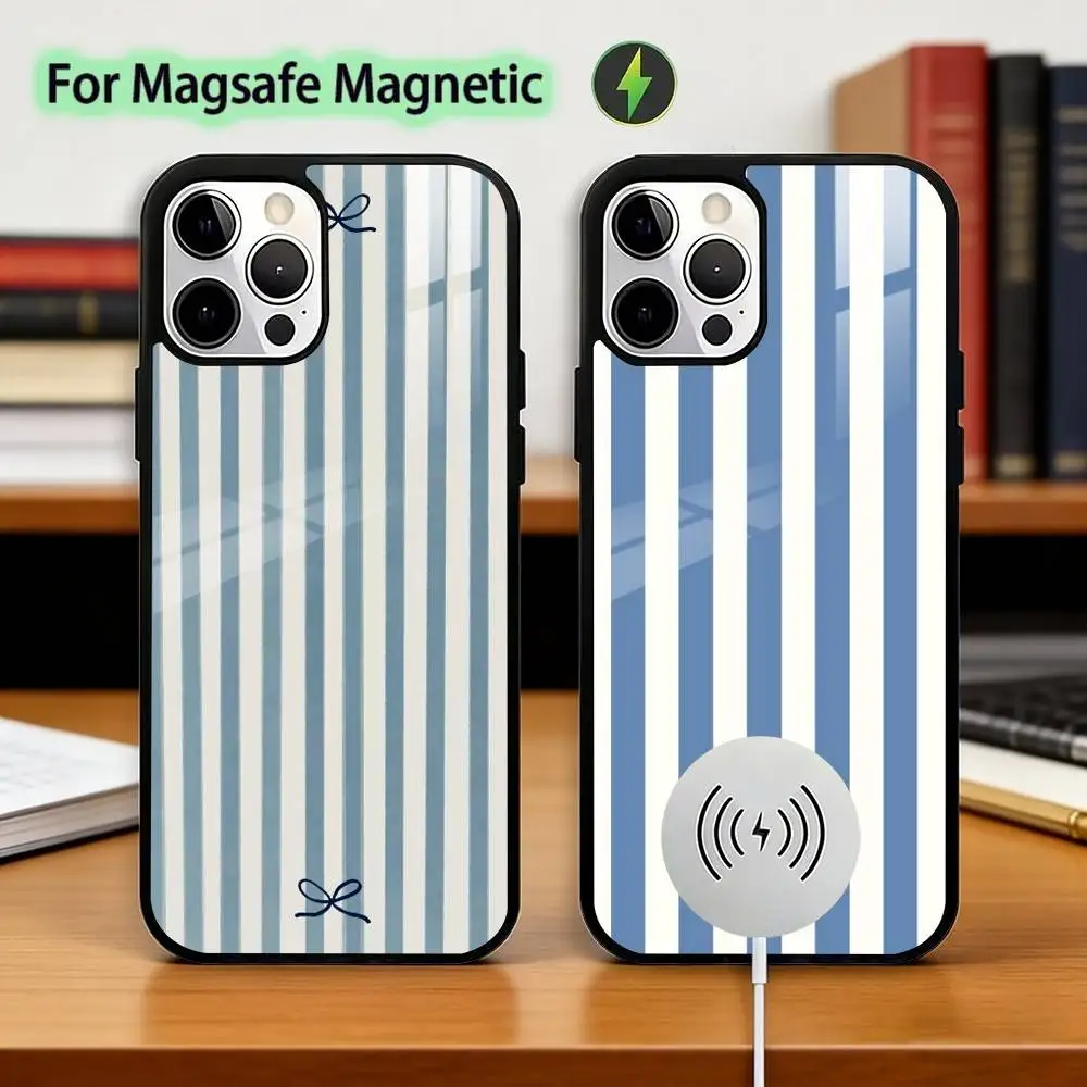 

L-light blue stripeds Phone Case For iPhone17,16,15,14,13,12,11 Plus,Pro Magnetic with Magsafe Wireless Charging
