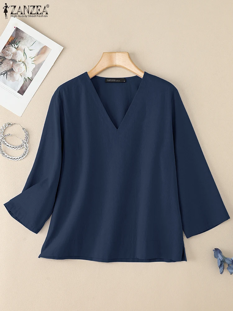 ZANZEA 2025 가을 블라우스 여성 코튼 탑 튜닉 우아한 솔리드 워크 셔츠 캐주얼 V넥 3/4 소매 블루사 여성 루즈 셔미즈