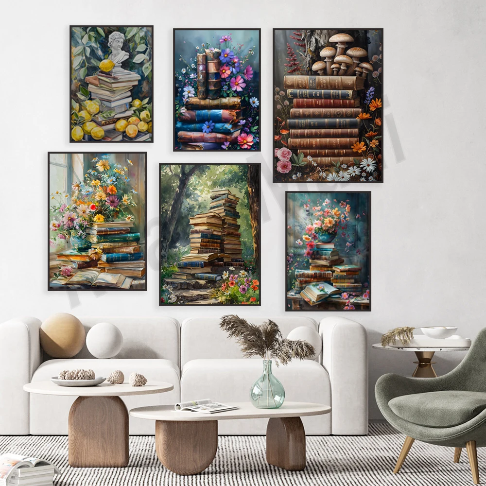 Dark Academy Moody Book wall art, stack of books, book art, moody nerd poster, victorian decorative print, library floral art