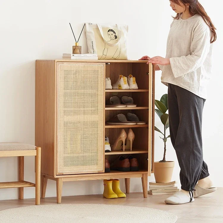 Oak Shoe Cabinet Simple Home Door Shoe Rack Modern Storage Cabinet Living Room Oak Entry Nordic Rattan Porch Cabinet