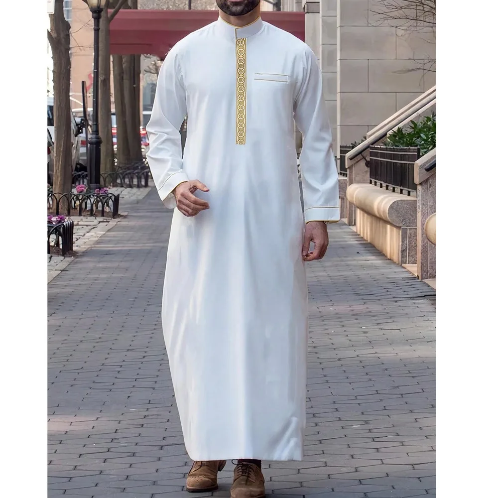 New Middle Eastern Men's Robe, Long Sleeve Embroidered Stand Collar, Loose Arabic Muslim Style Exudes Dignity