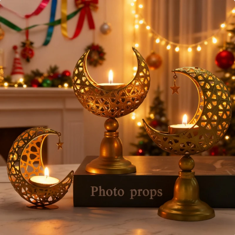 Middle Eastern Golden Moon Candle Holder Hollow Iron Scented Candle Stand, Arabic Night Decor Ramadan Eid Home Gift