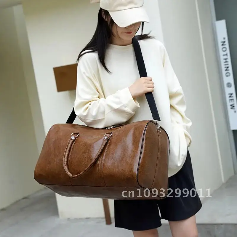 

Vintage Leather Bag Women Travel Duffel Men Carry on Luggage Male Lagre Weekend Bag Bag Bag Fitness Shoulder Capacity Gym