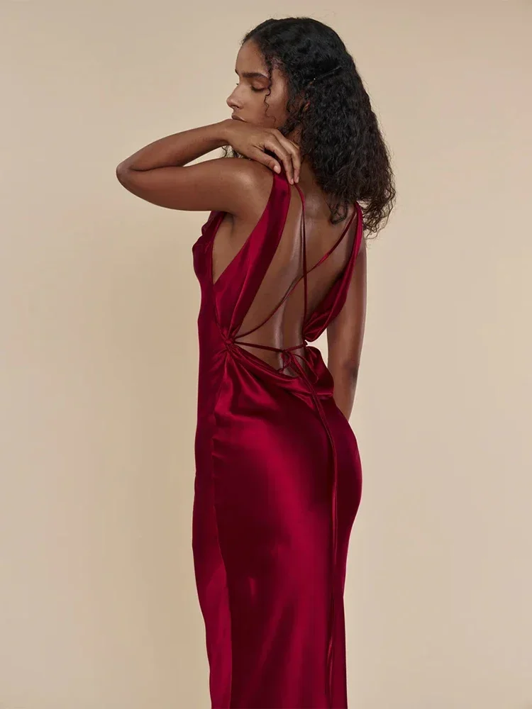 

JULISSA MO Satin Backless Bandage Spaghetti Strap V Neck Maxi Dress For Women Sexy Autumn Party Evening Dress 2023 Fashion