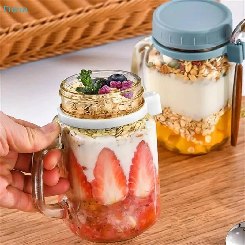 ✔ 500mlの持ち手付き蓋とスプーンが付いたガラス製オーバ - Meal Prep Oatmeal Jars のレビューと価格
