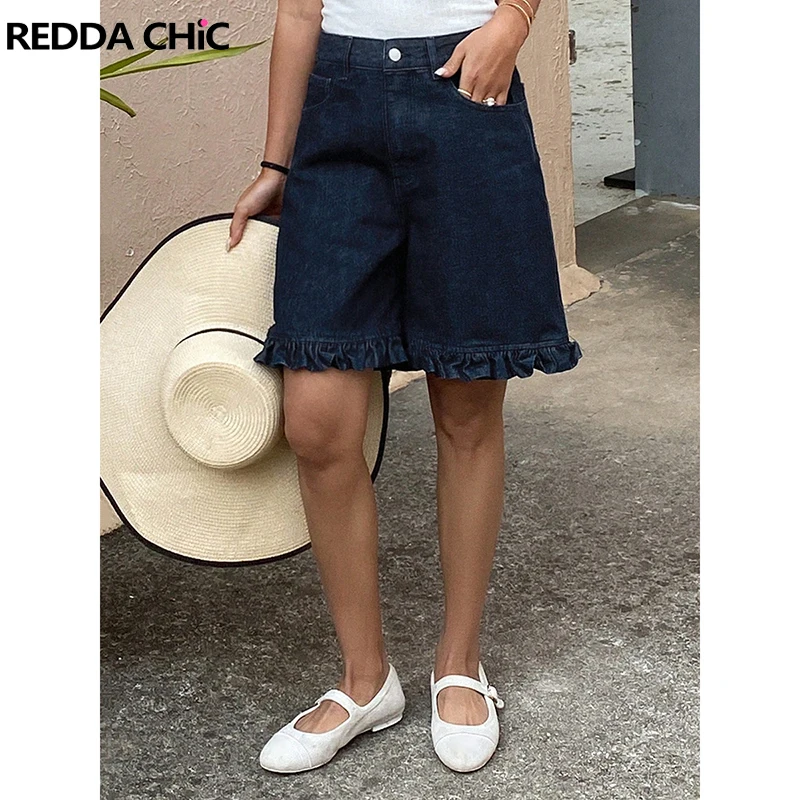 

ReddaChic женские джинсовые брюки-бермуды с рюшами винтажные синие до колена с высокой талией и широкими штанинами мешковатые шорты повседневная корейская одежда