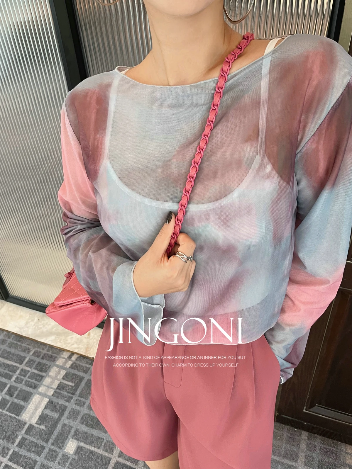 Mesh Tie Dye T-shirts Y2k 2024 Woman Clothing Trend New Summer Korean Style Fashion Long Sleeve Crop Chic Vintage Tops Tees New