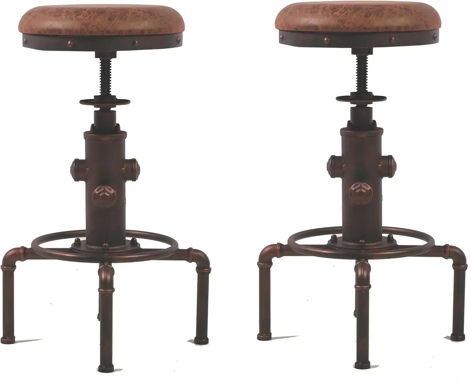 

Vintage Industrial Bar Stool Set of 2, Red Bronze Finish, PU Leather Seat, Fire Hydrant Design for Cafe or Home Decor