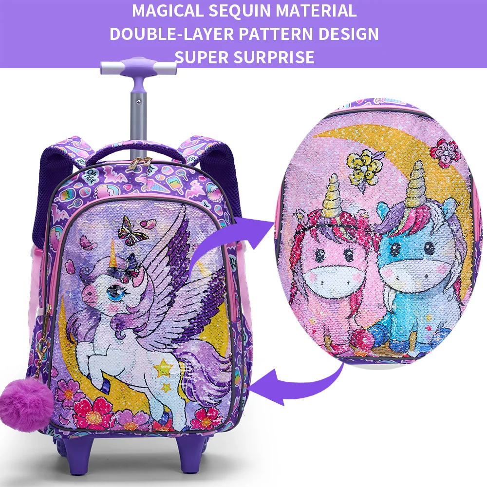 Juego de 3 uds de mochila rodante para niñas, bonitos bolsos con ruedas con diseño de lentejuelas y unicornio y Luna de dibujos animados con fiambrera y bolsa para bolígrafos, color morado