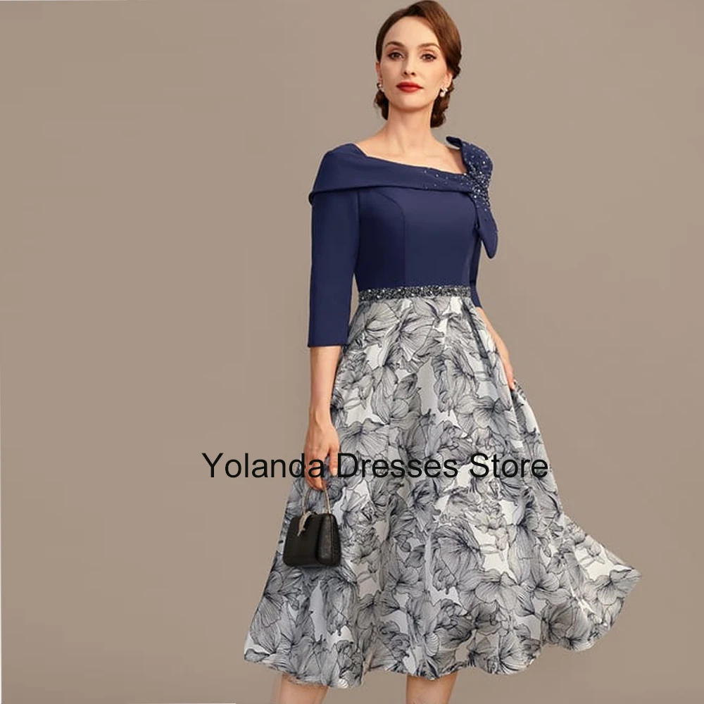 Customized Classic  Linen Dress Mother of Bride Dresses  Medium Length Jacquard Floral  Stoneware Lace Sequins Wedding Party