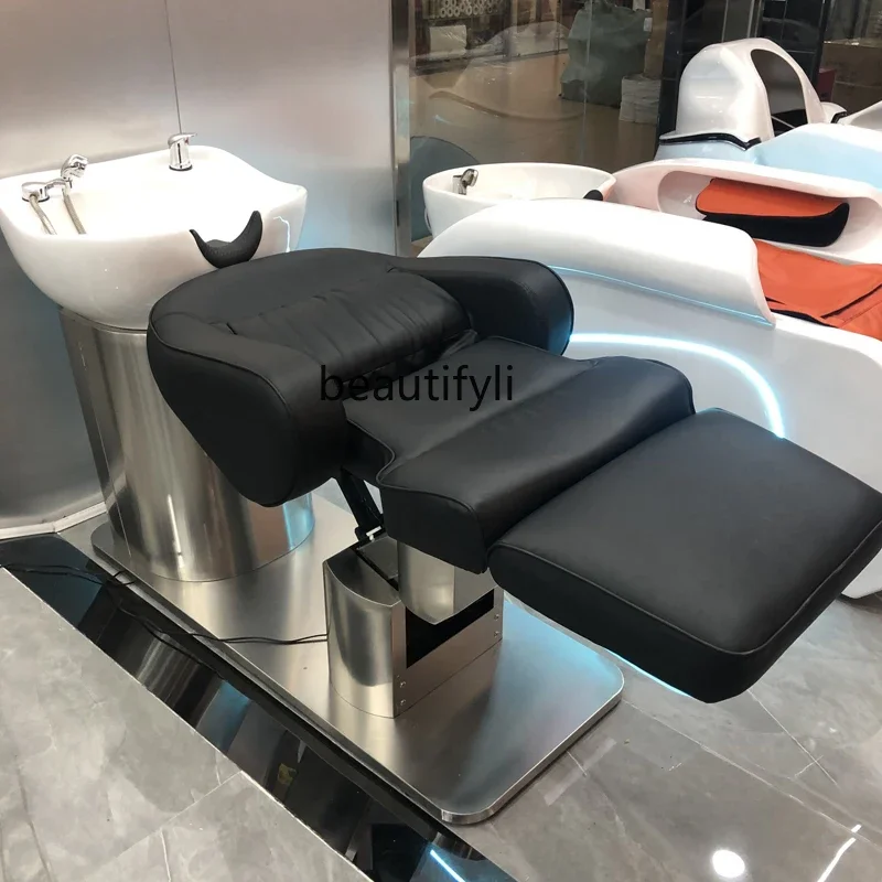 Barber Shop Shampoo Chair Special Half Lying Deep Basin Flushing Bed Hair Salon Electric Lifting Shampoo Chair Ceramic Basin
