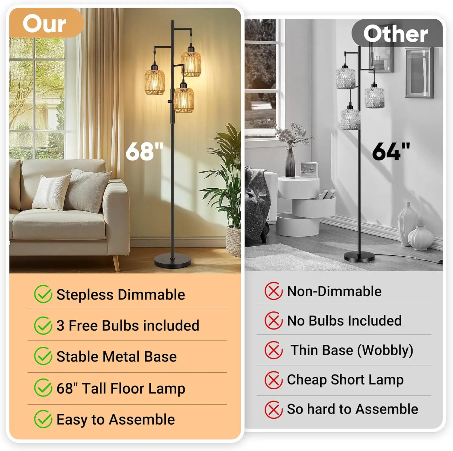 Luminária de Chão de Rattan Regulável com 3 Lâmpadas LED - Estilo Fazenda para Sala de Estar, Quarto, Escritório, 68 polegadas, Preta