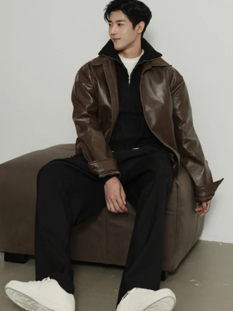 

Pu-leather Jackets Men European Style Streetwear Autumn New Handsome Advanced Long Sleeve All-match Punk Popular Males Overcoats