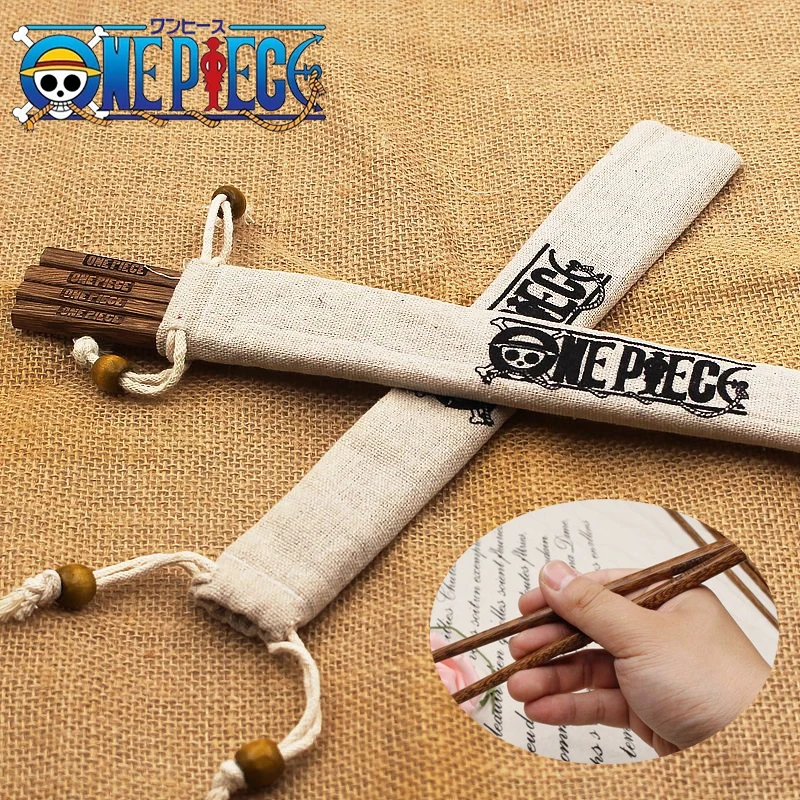 2 Pair ONE PIECE Wooden Chopsticks Anime Non-slip Reusable Tableware Chopsticks Cartoon Lunch Sushi Kitchen Accessory Belt Bag