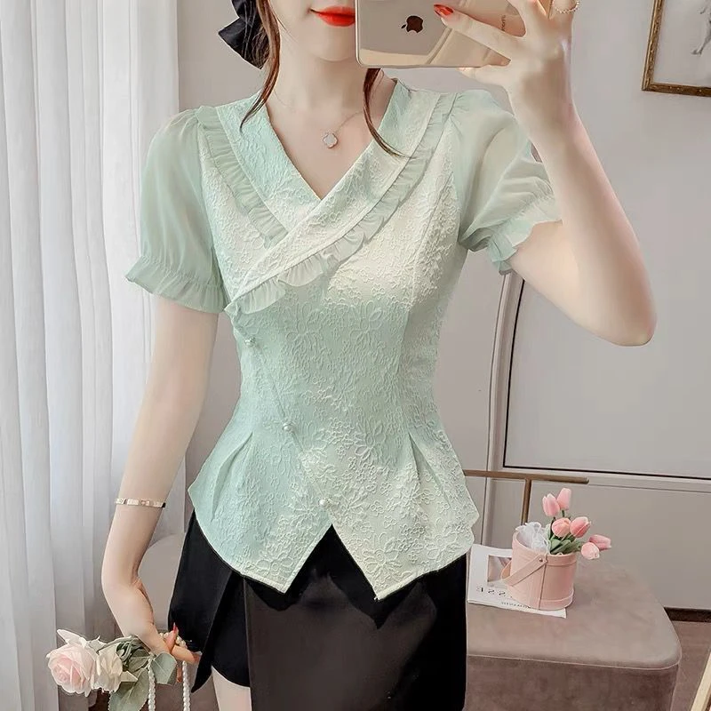 Women French Textured Chic Elegant White Green Shirts Summer Fashion Ruffles V-neck Short Sleeve Blouses Slim Asymmetrical Tops