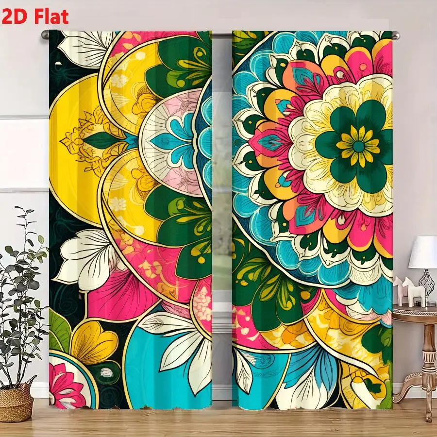 2Pcs Curtains 2D Flat Vibrant Mandala - Like Pattern with Overlapping Floral Geometric Motifs Vivid Colors on Dark Background Ar 4