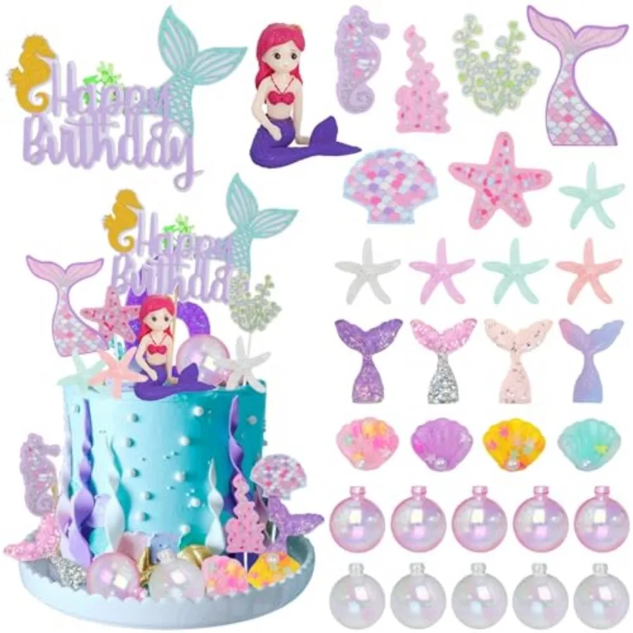 Adornos para Pastel de Sirena para Niña, 30 Piezas, Figuras de la Sirenita, Decoración para Pastel con Temática Submarina, Algas, Burbujas, Estrellas de Mar, Conchas