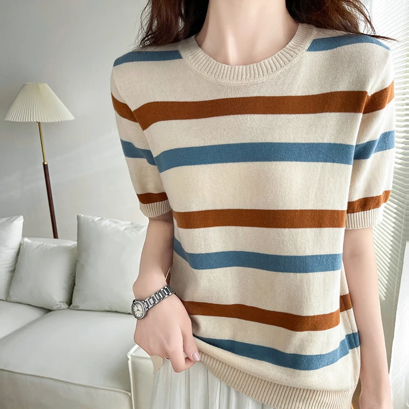 Women\'s T-Shirt Summer 100% Cotton Sweater Short Sleeve Striped Knitted Round Neck Ladies Tops Loose Blouse Pullover Tees