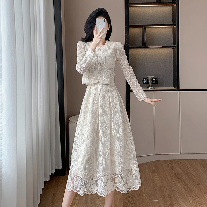 New Luxury High Quality Women's Two Pieces Set Fashion Lace Embroidery Beading Long Sleeve Shirt Top + A-line Skirt Women's Suit