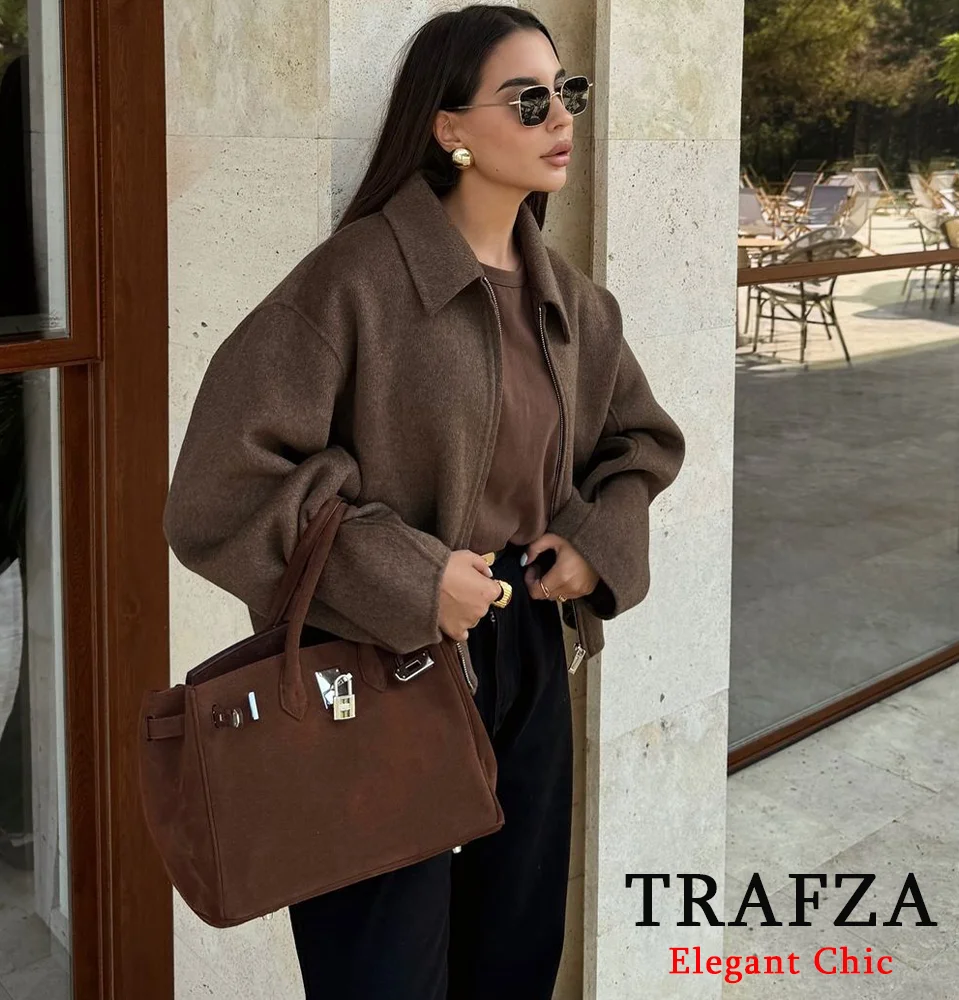 TRAFZA-Women Fashion Zipper Jacket Vintage Brown Lapel Pocket Jacket New 2024 Autumn Fall Casual Vintage High Street Jacket