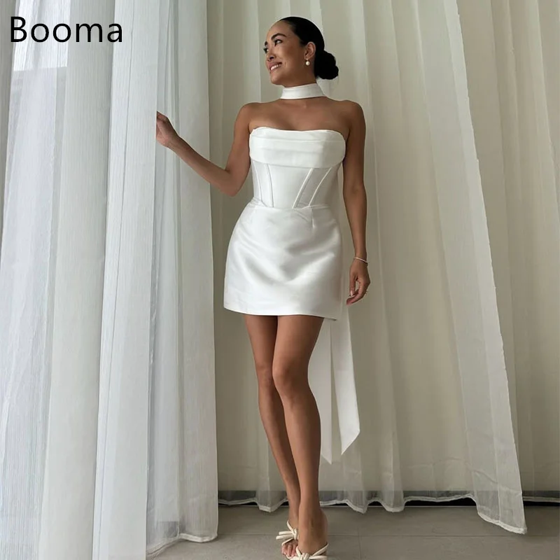 

Booma A-Line Satin Simple Strapless Wedding Party Dresses Sleeveless Brides Prom Gown Cocktail Dreess Outfits Customize