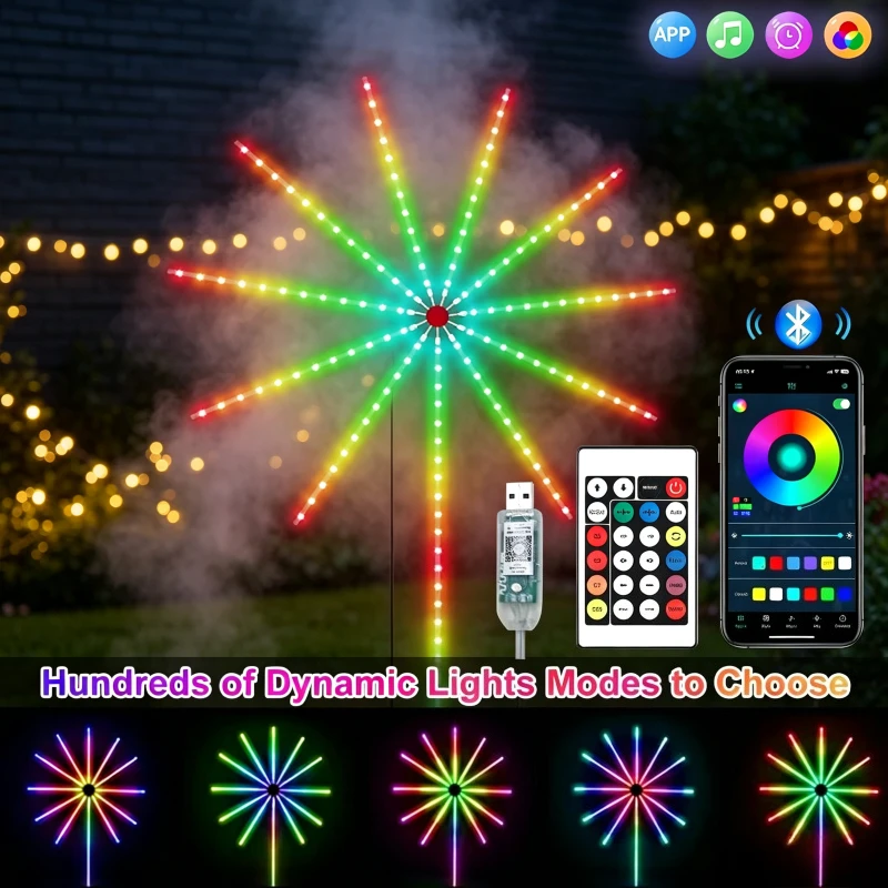Smart Fireworks LED Strip APP Bluetooth Outdoor Party for Garden Patio Yard Decor Waterproof Landscape Path Light Glow Art