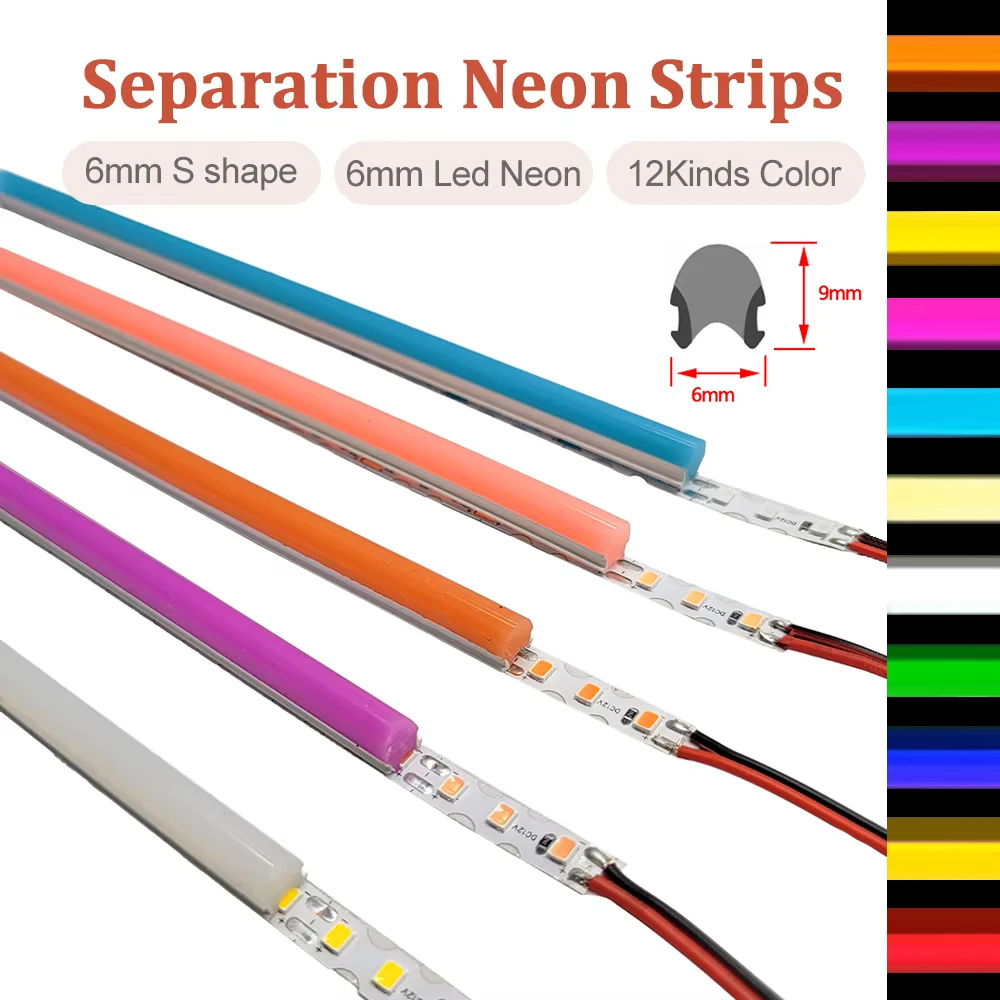 6mm Separation Neon Strip Flexible Bendable Silicone 12Colors DC12V 2835 SMD S Shape 120Leds Tape Light DIY Sign IP67 Waterproof