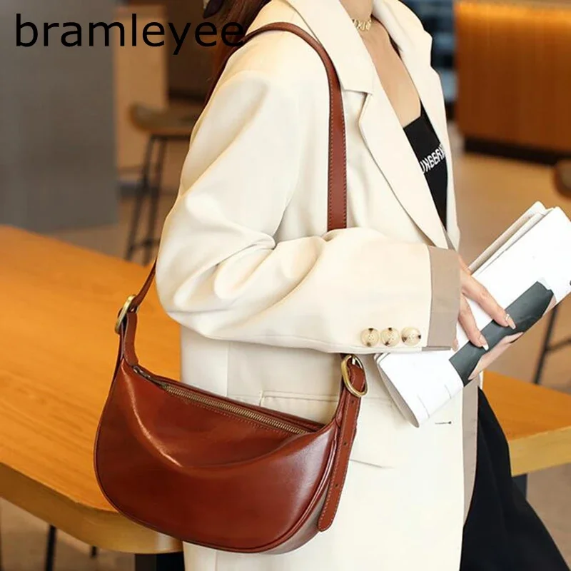 Genuine Leather Bag Ins Fashion High Quality Solid Color Banana Bag Luxury Design Ladies Female Bag